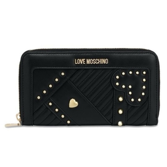 LOVE MOSCHINO!❤️Zip Around/ Black Faux Leather/Wallet w/gold hearts/studs - Picture 1 of 16